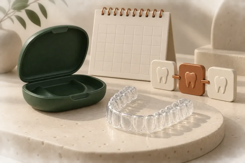 Conceptual illustration: Invisalign in Dubai: Attachments, Review Visits and Retainers Explained